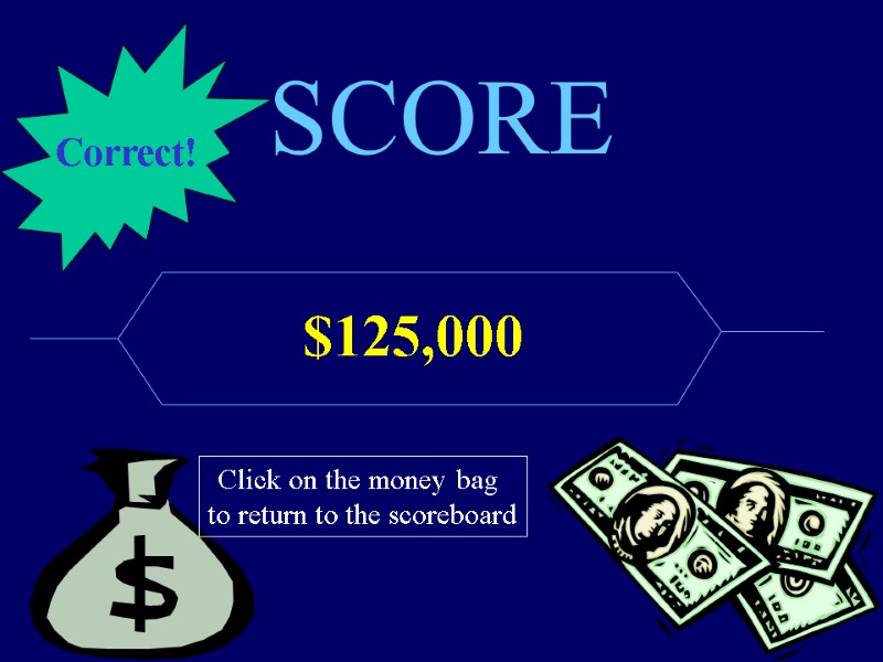 SCORE $125,000 Click on the money bag  to return to the scoreboard Correct!